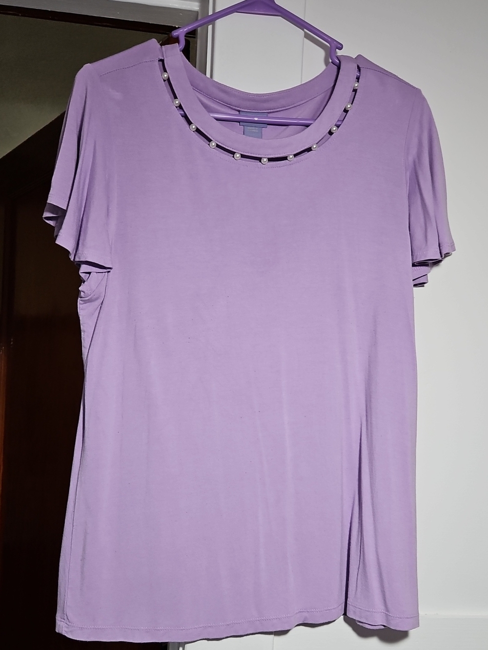 Laura Scott Light Purple Short Sleeve Blouse Top with Faux Pearls Size Large